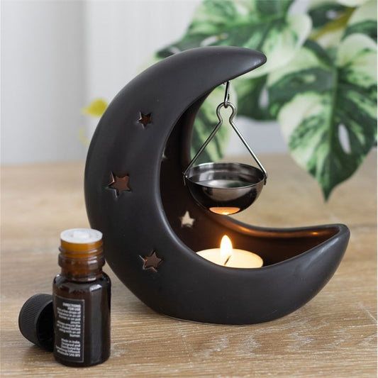 Black Crescent Moon Hanging Ceramic and Gunmetal Oil Burner
