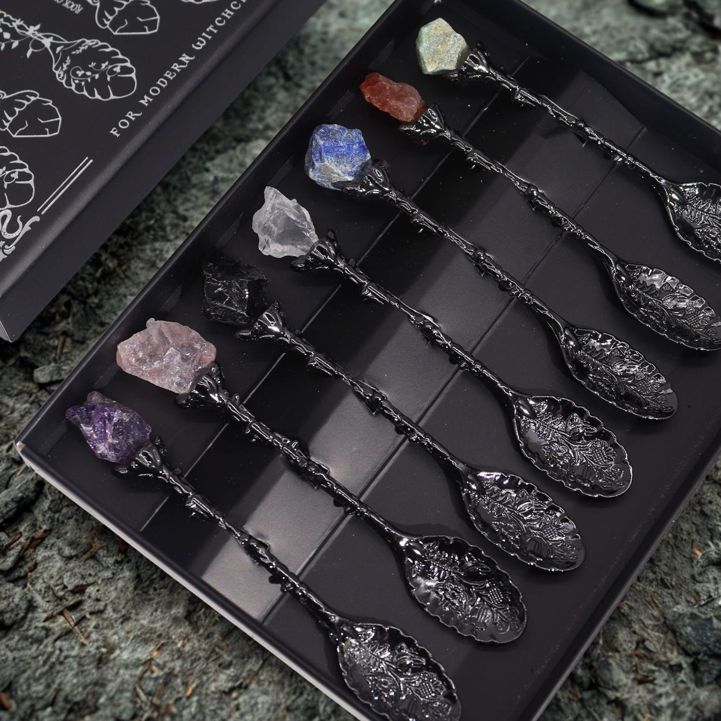 Set of 7 Ancient Witch Gemstone Spoons, Silver
