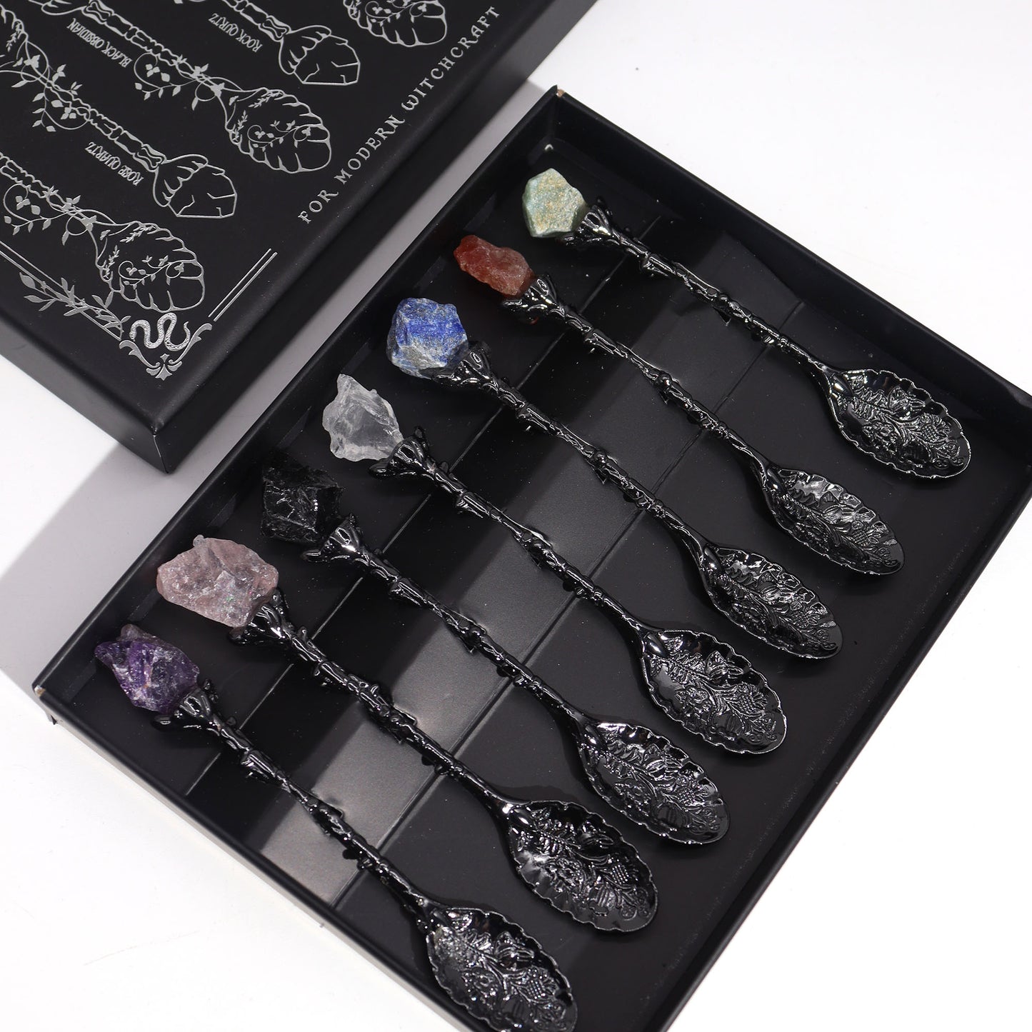 Set of 7 Ancient Witch Gemstone Spoons, Silver