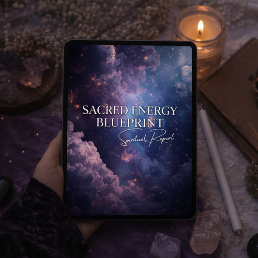 Tablet displaying 'Sacred Energy Blueprint' on a mystical table with candles and crystals.