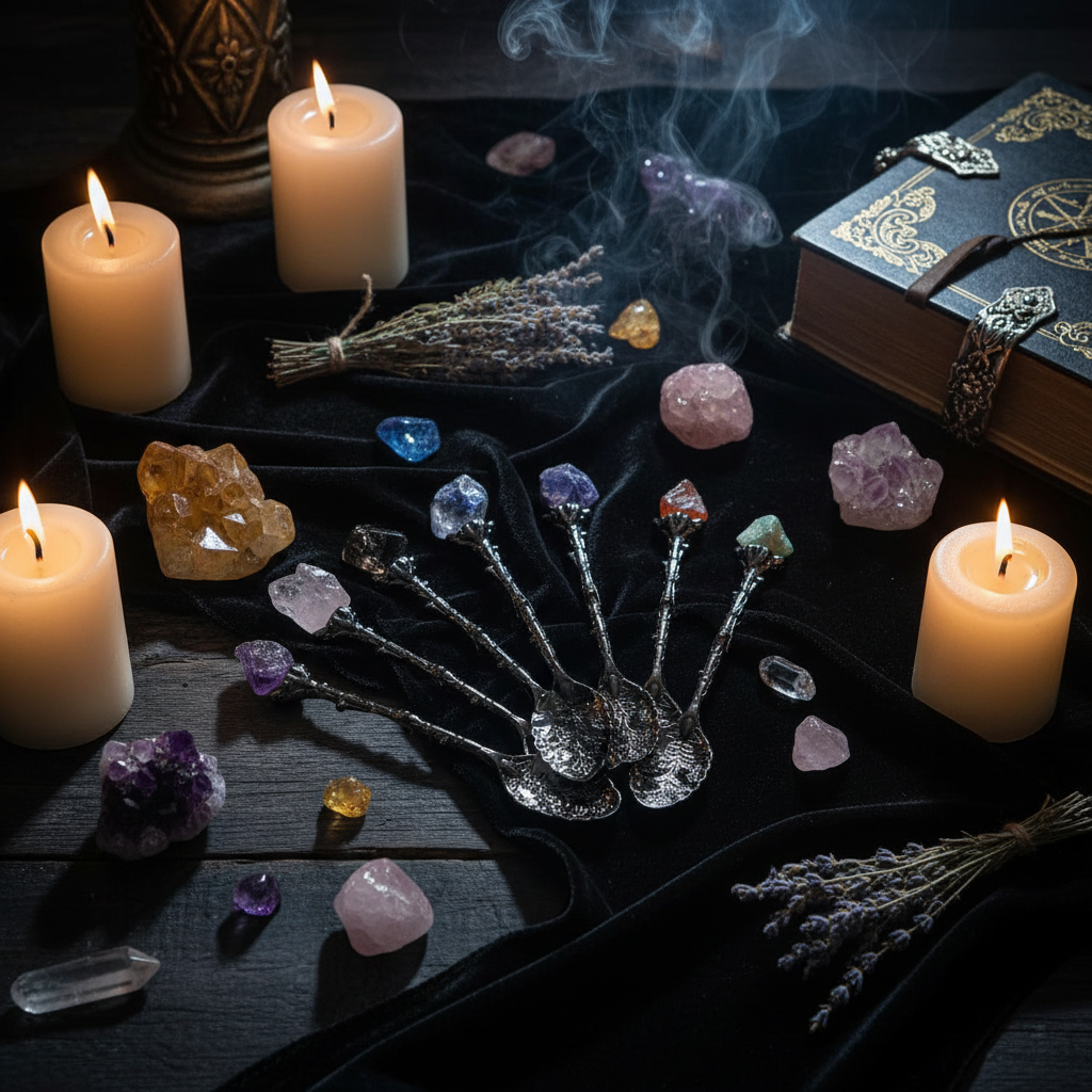 Set of 7 Ancient Witch Gemstone Spoons, Silver