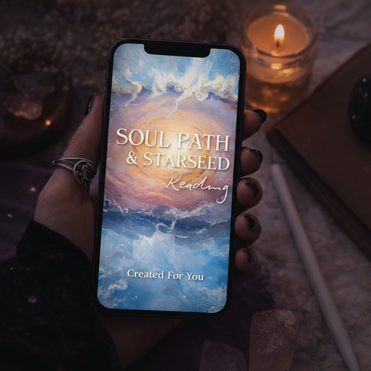 Hand holding a phone with 'Soul Path & Starseed' app interface, surrounded by candles and crystals on a dark background.