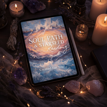 Tablet displaying 'Soul Path & Starseed Reading' on a table with candles and crystals.