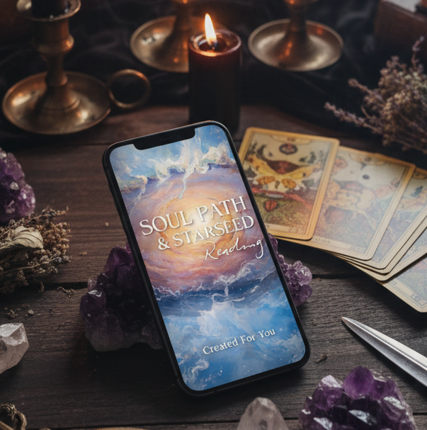 Phone displaying a book cover with candles, crystals, and other mystical items on a dark surface