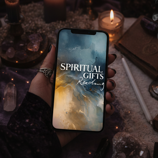 Person holding a phone with 'Spiritual Gifts Reading' app over a mystical setup with candles and crystals.